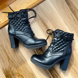 G by Guess Gift Lace-Up Quilted Platform Block Heel Ankle Boots Black